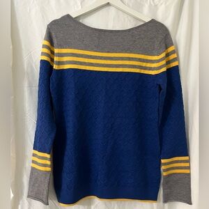 Blue and Gray Women's Sweater with Yellow Stripes